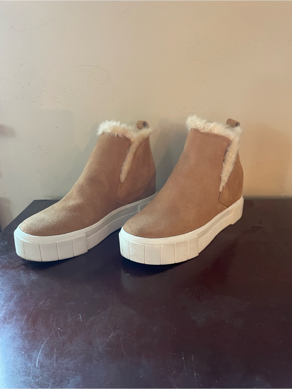 Dolce Vita Tan Faux-Suede Platform Sneaker Boot with Cream Fur Trim
